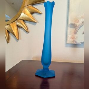 Westmoreland Glass Blue Satin Frosted Swung Bud Vase W/ Hexagon Base VTG Gift